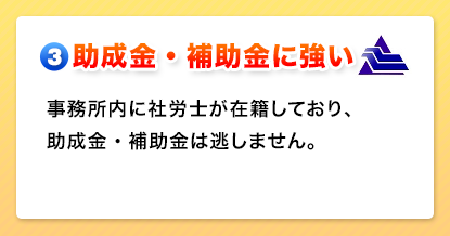 助成金・補助金に強い　事務所内に社労士が在籍しており、助成金・補助金は逃しません。